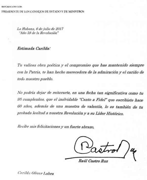 Carta de Raúl Castro A Carilda Oliver 580x711